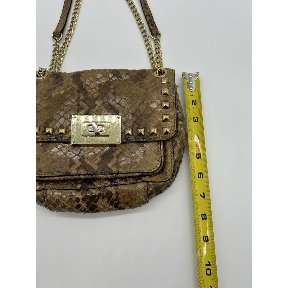 MICHAEL KORS Selma Python Embossed‎ Leather Studded Shoulder Bag Gold Chain Flap